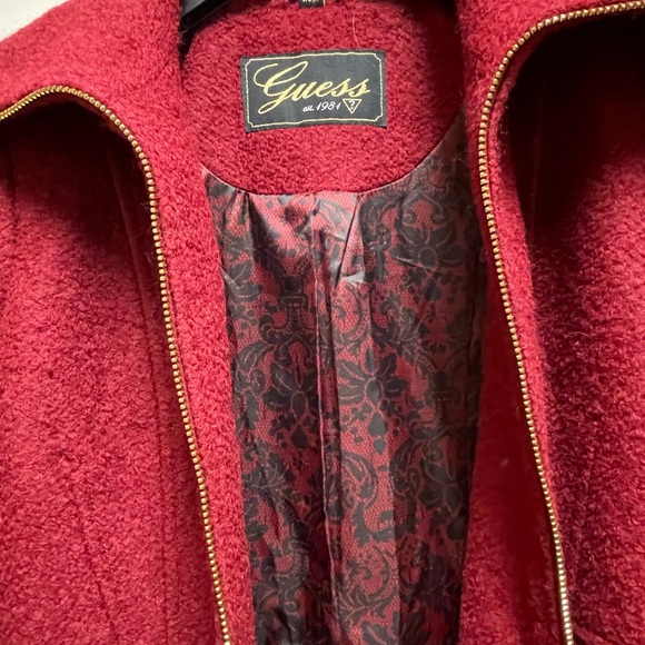 Guess Sz Women's Gorgeous Red Textured Pea Coat Gold Accents Lace Pattern Lining - Picture 7 of 12